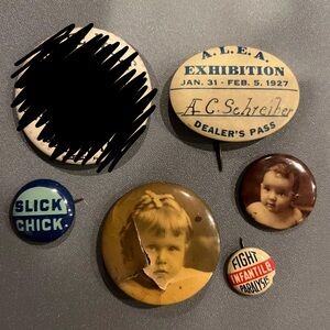 Vintage Lot Mix Lot of Metal Pinbacks, Antique Baby Picture Pin, 1920s, 40s, 50s